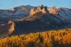 USA, Colorado, Gunnison National Forest. Aspen forest and The Castles rock formations. Art Print
